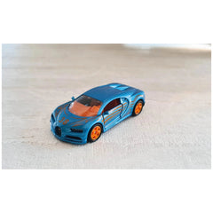 Siku Bugatti Chiron toy car in blue with orange accents, displayed on a light-colored surface, showcasing its sporty design.