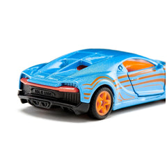Siku Bugatti Chiron toy car features a glossy blue body, orange textured wheels, and open hood and roof for interior visibili
