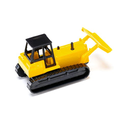 Yellow toy bulldozer with a black cab and wheels, featuring a matte finish and a yellow blade, on a white surface.
