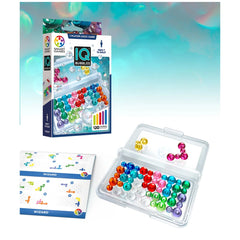 Smart Games IQ Bubbles logic puzzles in a clear container, featuring colorful bubble-shaped toys designed for children.