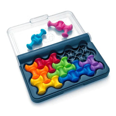 Smart Games IQ Waves logic puzzle set features a transparent container with blue components shaped like flowers or stars.