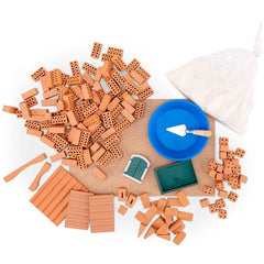 Teifoc Castle-House set features 150 craft pieces in brown, blue, and green, arranged on a light textured surface.