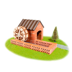 Teifoc water mill set features a cartoon-style brick house, wooden wheel, red brick pathway, and green pine tree.