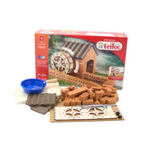 Teifoc water mill construction toy set includes 59 pieces with colorful bricks, a wooden wheel, and a cardboard base.