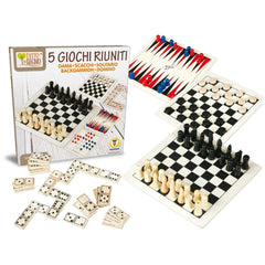 Teorema's 5-in-1 Classic Games Collection features a checkerboard with scattered black and white game pieces and a decorative
