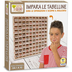 Teorema - Impara le Tabelline educational toy box featuring a wooden multiplication table and a smiling boy in a striped shir