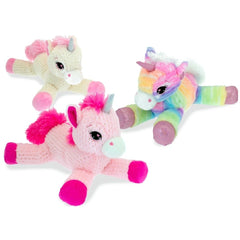 Knitted glitter unicorn plush toys in pink and multi-colored designs, featuring soft fabric and whimsical details.