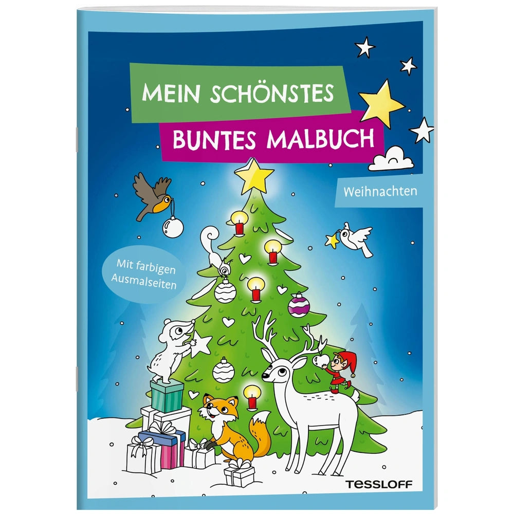 TESSLOFF's Mein Schönstes Buntes Malbuch features a festive winter scene with a Christmas tree and winter animals on the cove