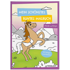 TESSLOFF's colorful coloring book features a cartoon horse on a grassy field with mountains, surrounded by vibrant hues and G