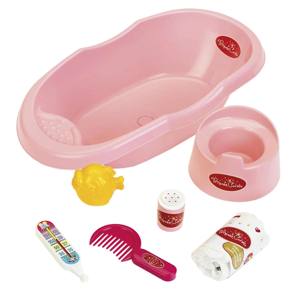Theo Klein Baby Coralie pink bathtub set with accessories including a yellow spoon, pink comb, and pink-white bottle.