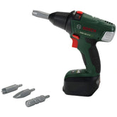 Theo Klein Bosch cordless drill with black handle, green base, gray bits, and battery pack, labeled "BOSCH PDR 18 LI-2 18V".