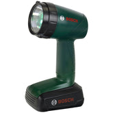 Green and black Bosch flashlight with clear lens, featuring red "BOSCCH" logos and black button, switch, and battery compartm