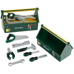 Theo Klein Bosch work box featuring a green toolbox filled with various silver metal tools and a yellow plastic tool tray.