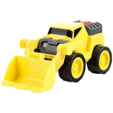 Theo Klein Bulldozer 1:24 in yellow with black accents, featuring a matte finish and textured tires, viewed from the front.