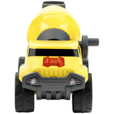 Theo Klein concrete truck toy in yellow plastic with black tires, red front bumper, and gray grill, showcasing mechanical gea