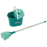 Teal plastic mop bucket with a green rubber handle, featuring a lid, part of Theo Klein's 3-piece pretend mop set.