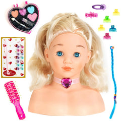 Theo Klein Little Sophia make-up and hairstyling head features blonde synthetic hair, blue eyes, and a light pink collar with