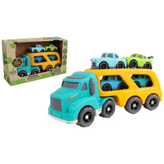 Sustainable car transporter set features a blue truck with a yellow cab carrying three colorful toy cars in a cardboard box.