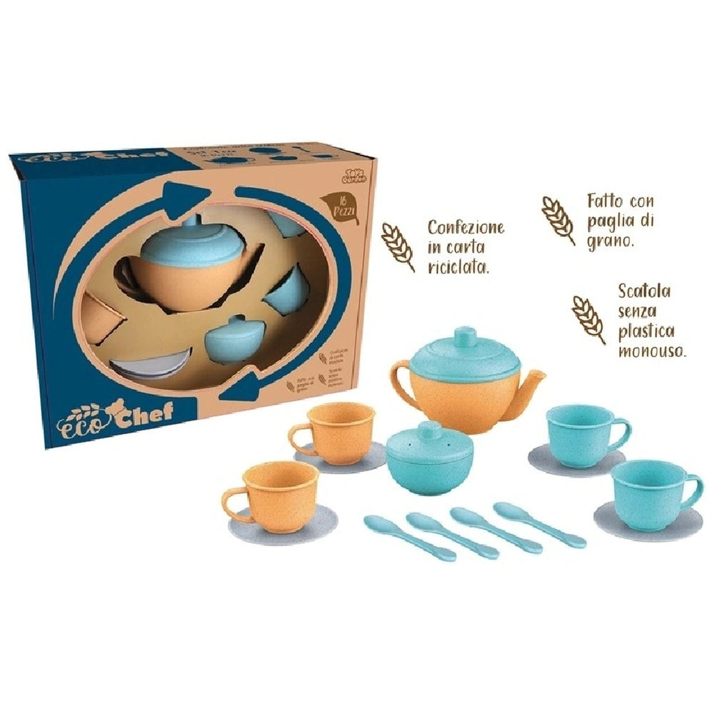 Eco Chef Set Tea features a blue box with a cutout, showcasing orange cups, a teapot, and blue spoons for pretend play.