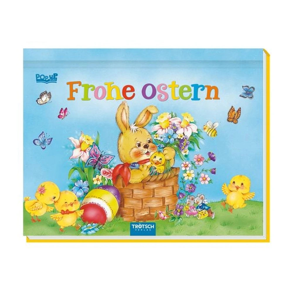 Colorful Easter-themed pop-up book cover featuring a cartoon bunny, flowers, and playful animals against a blue sky.