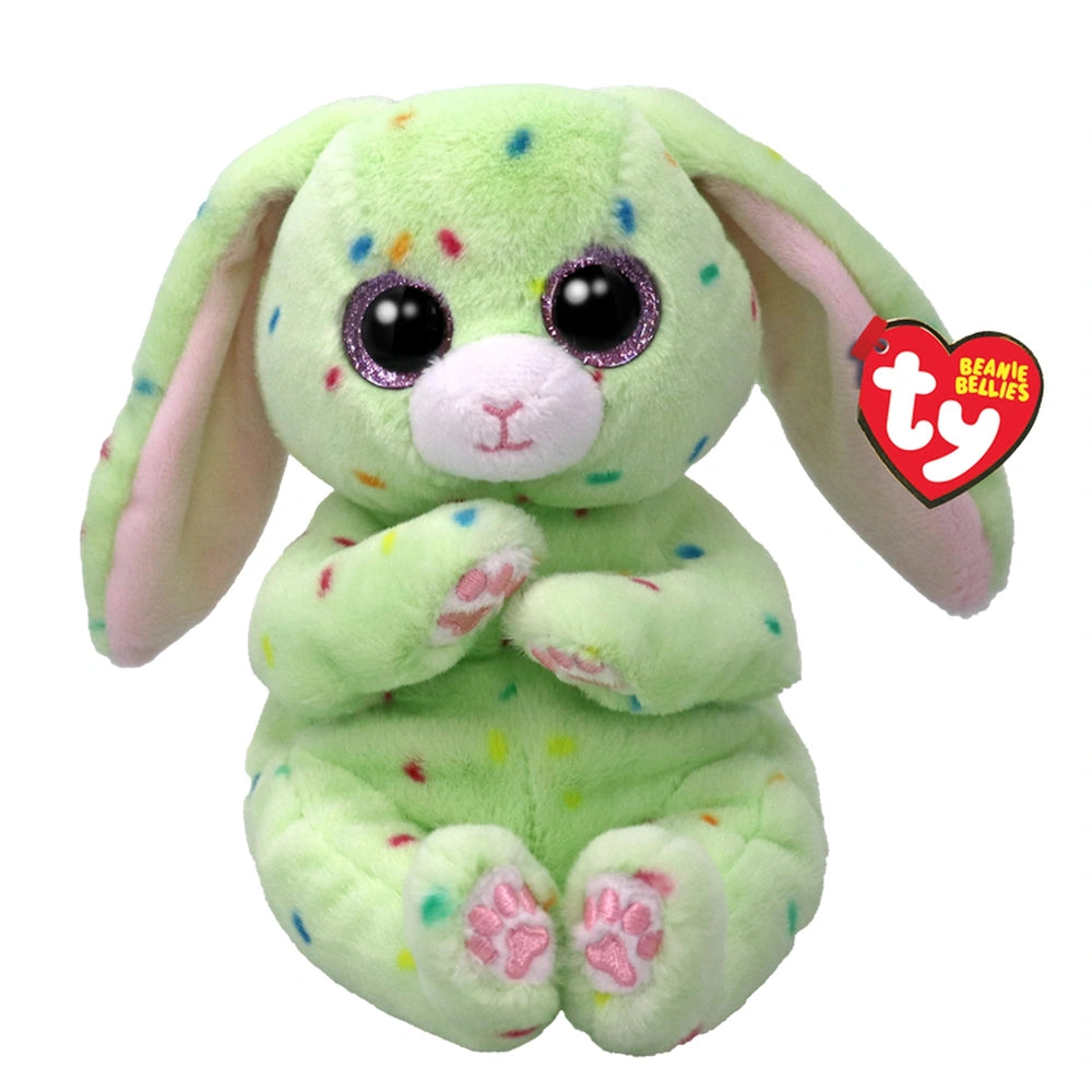 TY - Beanie Bellies Fern green bunny 20 cm plush toy with colorful dots, pink ears, and a cute facial expression.