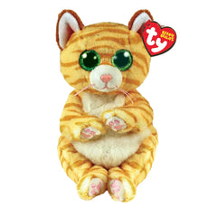 TY - Beanie Bellies Mango gold striped cat plush toy with green eyes, yellow body, and white paws, 20 cm tall.