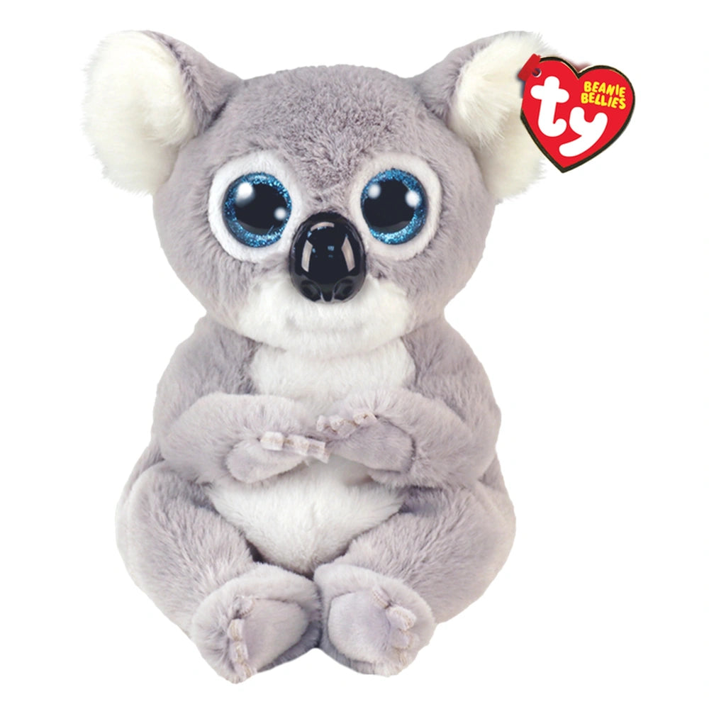 TY Beanie Bellies Melly grey koala plush toy with large blue eyes, fluffy texture, and red heart tag sitting upright.