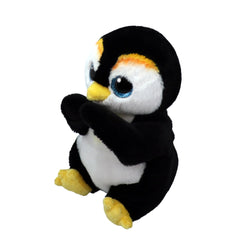 TY Beanie Bellies Neve plush penguin toy, 20 cm, black body, white chest, yellow beak, bright blue eyes, soft fabric.