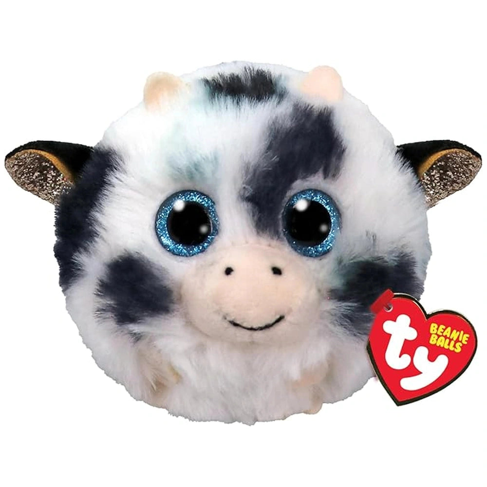TY - Beanie Bellies Puffies Moophy Cow 7 cm, plush toy with white body, black face, blue sparkly eyes, and heart tag.