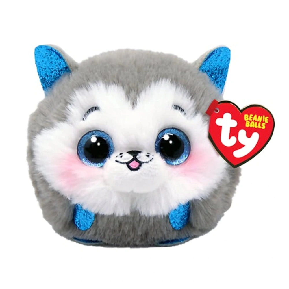 TY - Beanie Bellies Puffies Slush Gray Husky plush toy with round head, blue ears, and smiling face, 6 cm in size.