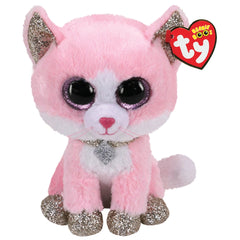 TY - Beanie Boos Fiona Pink Cat Plush 15 cm with glittery ears, big eyes, and a heart-shaped collar against a white backgroun