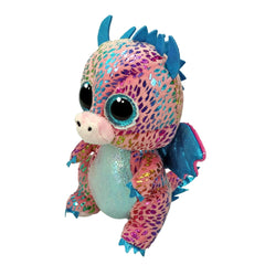 TY Beanie Boos Flint is a colorful plush dragon with glittery wings, large eyes, and a whimsical design, measuring 15 cm.