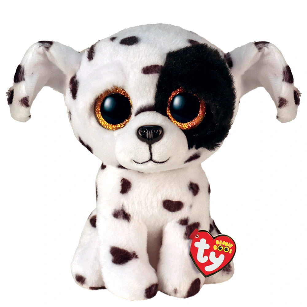 TY Beanie Boos Luther spotted dalmatian plush toy with golden eyes and a heart tag, featuring a soft black and white design.