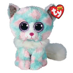 TY Beanie Boos Opal plush cat with light and dark blue fur, glittery eyes, pink nose, and a heart-shaped tag.