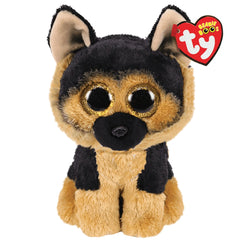 TY Beanie Boos Spirit German shepherd plush toy, 15 cm, black and brown with large eyes and heart-shaped tag.