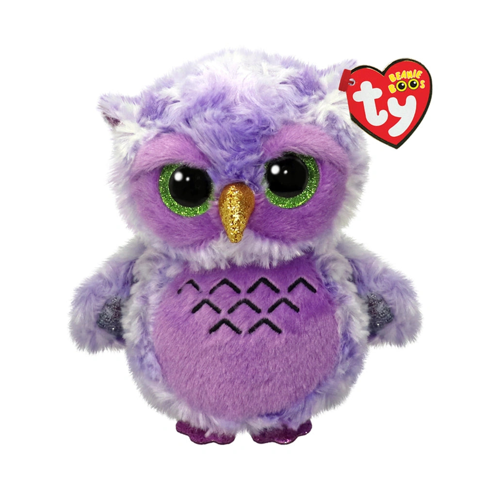 TY Owlivia purple plush owl toy, 15 cm, features fluffy texture and vibrant colors with large eyes and a heart tag.