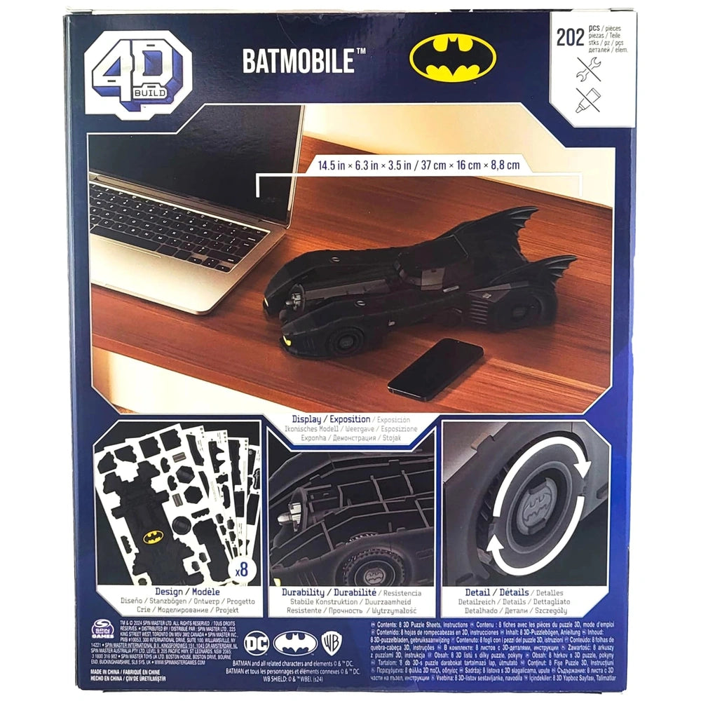 4D Build DC Batman Retro Batmobile 3D Puzzle Model Kit packaging showcases a black Batmobile with a bat emblem against a blue
