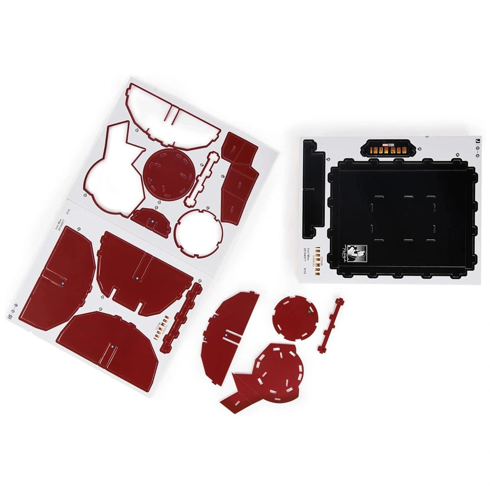 4D Build Marvel Iron Man 3D Puzzle model kit parts in glossy red plastic, scattered with various shapes for assembly.