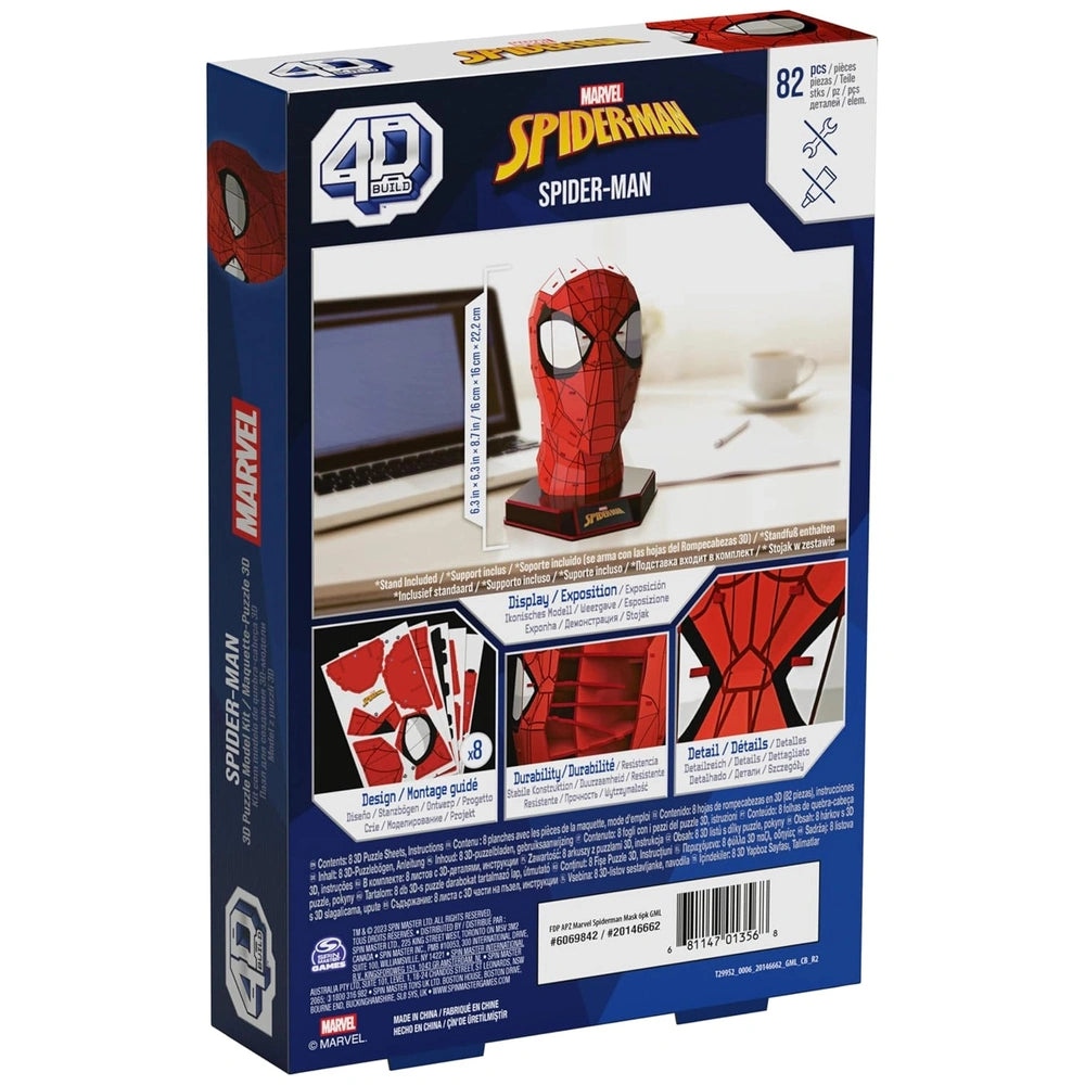 4D Build Marvel Spider-Man 3D Puzzle Model Kit packaging features Spider-Man in a web design, showcasing vibrant colors and a