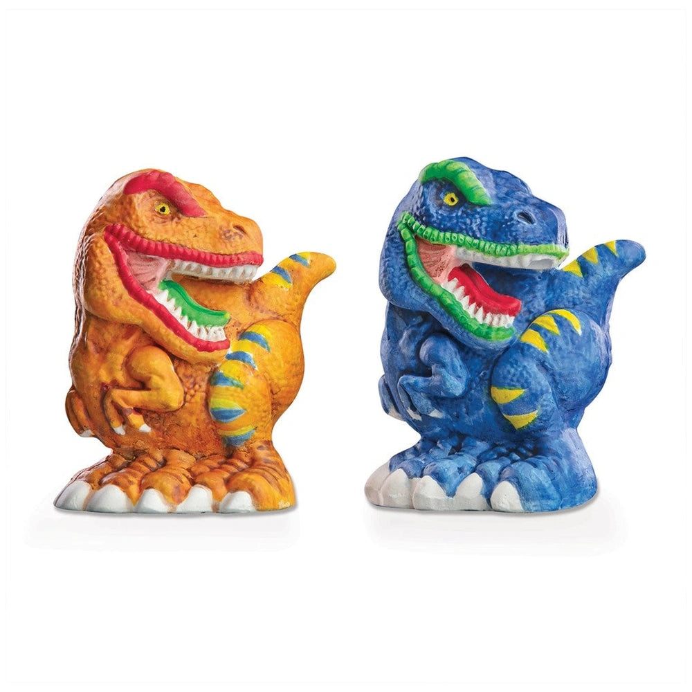 3D Mould & Paint Dinosaurs featuring an orange dinosaur with red and green accents and a blue dinosaur with yellow accents.