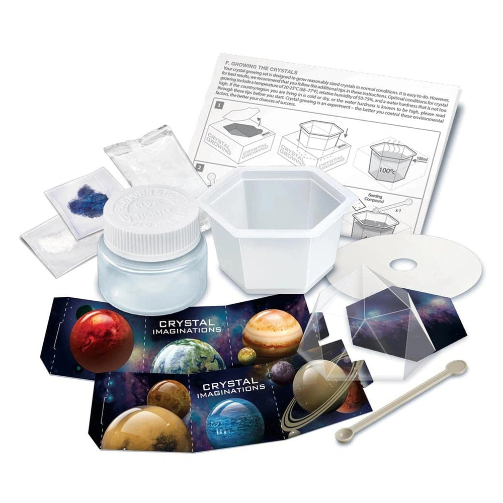 4M Crystal Growing Blue Edition toy playset featuring multiple plastic components including containers, trays, and pipettes.