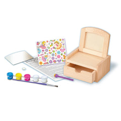 4M Design Your Own Fairy Chest featuring a wooden box, colorful paper, and multiple plastic trays with lids and handles.