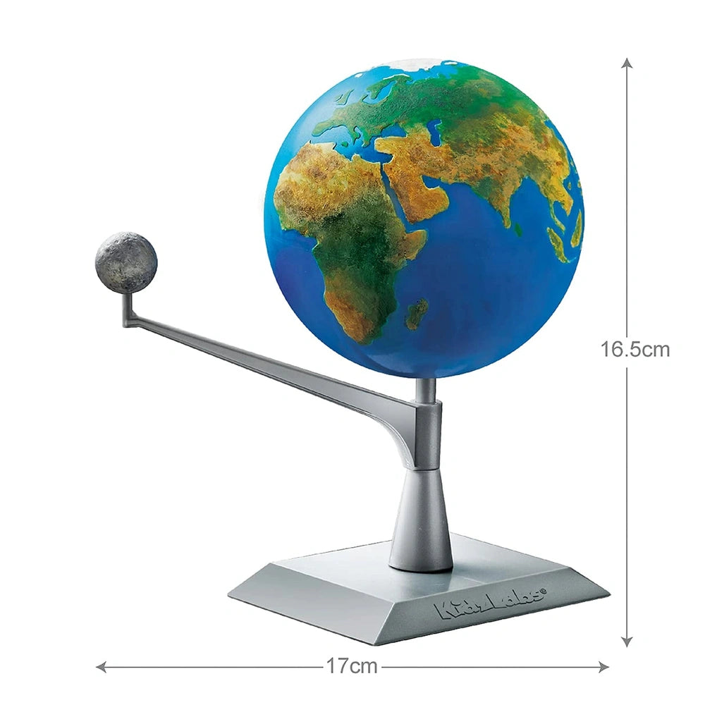 4M KidzLabs Earth and Moon Model Making Kit features a blue globe with landmasses on a silver matte stand.