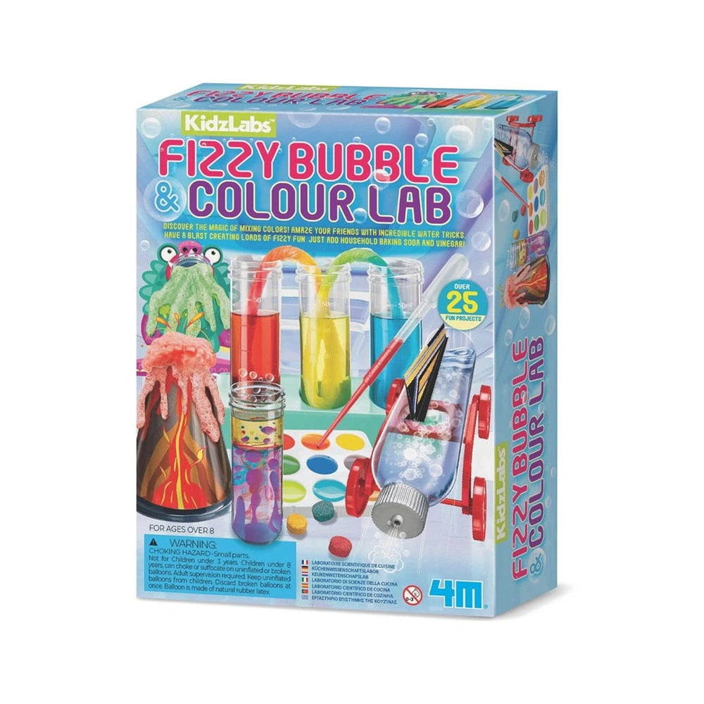 4M Fizzy Bubble and Colour Lab packaging made of matte cardboard and glossy plastic, featuring vibrant pink and purple text.