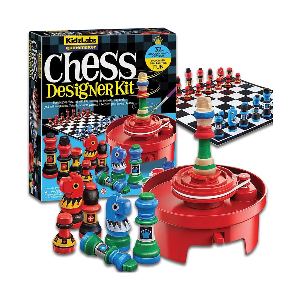 KidzLabs Gamemaker Chess Designer Kit packaging featuring a colorful chessboard and various patterned chess pieces.
