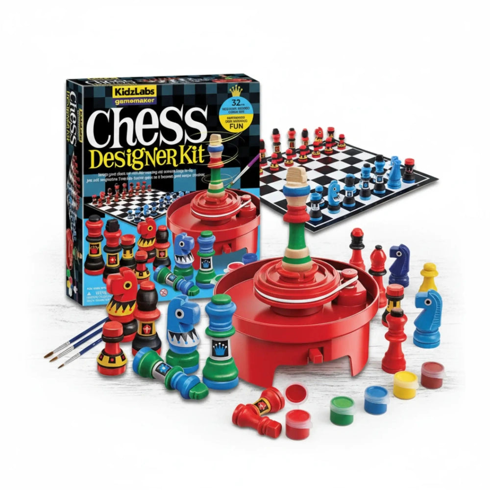 KidzLabs Chess Designer Kit packaging features a blue and white checkered pattern with red, black, blue, green, yellow, and w