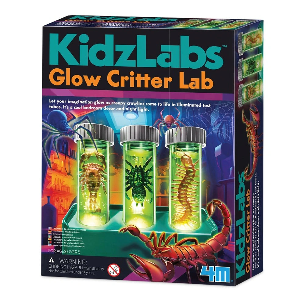 KidzLabs Glow Critter Lab toy playset features three yellowish-green scorpions in clear tubes, with a blue-purple gradient ba