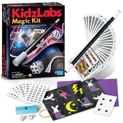 KidzLabs Magic Kit packaging features a black and red box with plastic dice and glossy playing cards displaying a rabbit and 