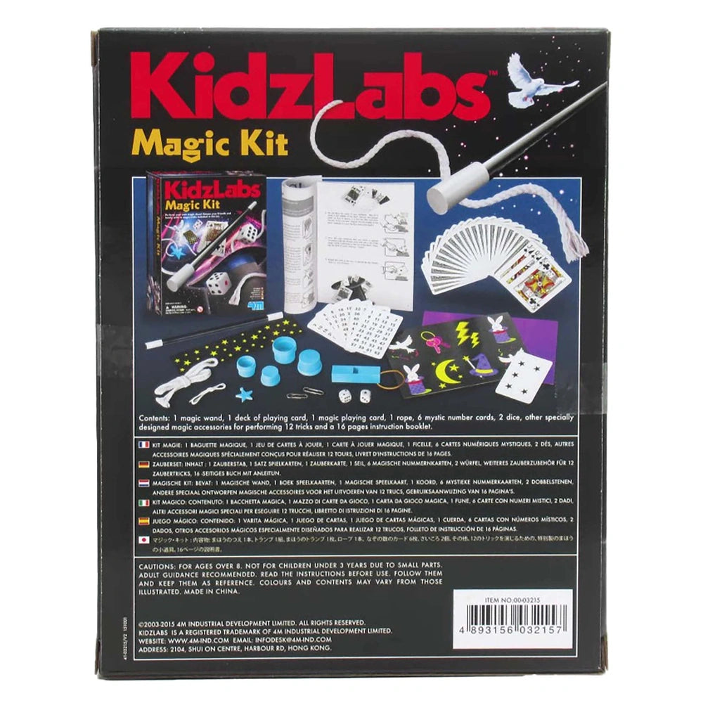 KidzLabs Magic Kit retail packaging features colorful text on a black background, made of cardboard and plastic materials.