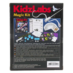 KidzLabs Magic Kit retail packaging features colorful text on a black background, made of cardboard and plastic materials.